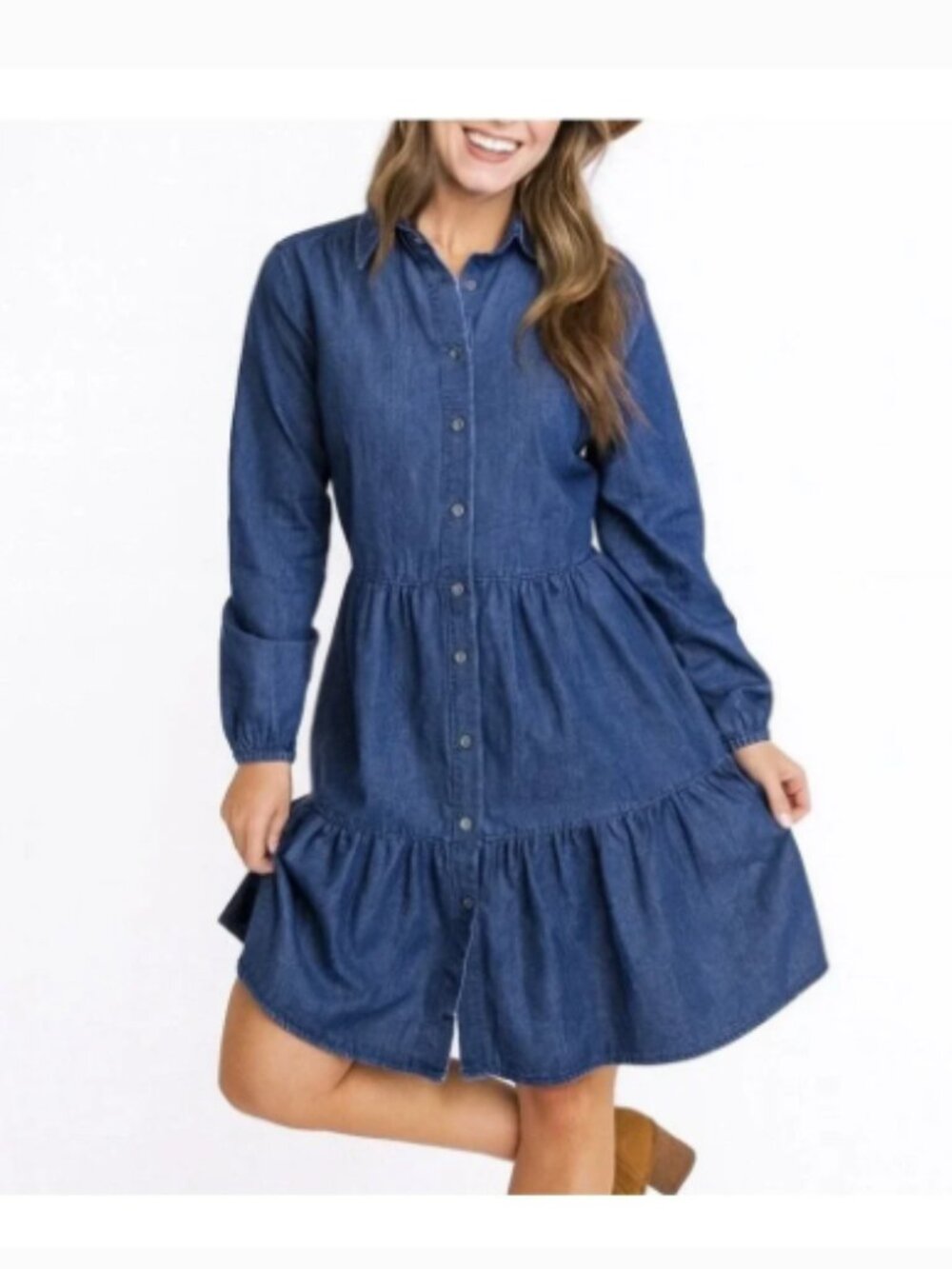 J Crew Chambray Shirt Dress‎ Blue Denim Button Front Tiered Mini size 4 - Picture 3 of 9